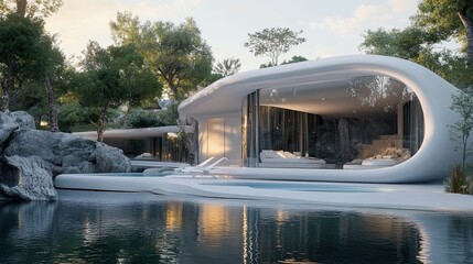 Sticker - Modern White House with a Curved Design, Surrounded by Trees and a Pool