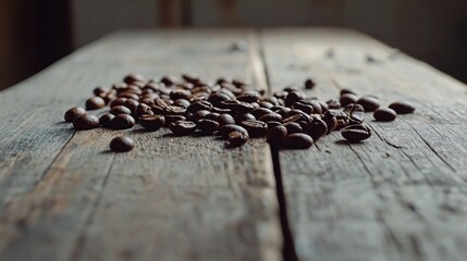 A scattered pile of dark roasted coffee beans on a rustic wooden table.