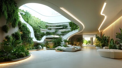 Wall Mural - Modern Interior Design with a Lush Vertical Garden and Curved White Walls