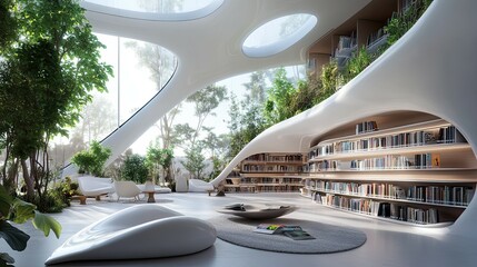 Wall Mural - Modern Library Interior with White Organic Architecture and Bookshelves