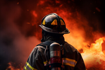 Wall Mural - AI generated photo of courageous male firefighter against the backdrop of a fire