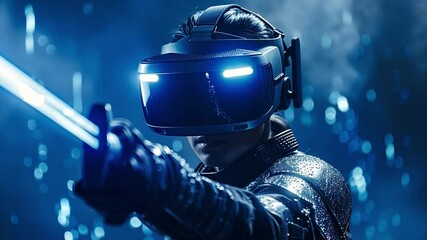 Poster - The individual uses a high-tech virtual reality headset, brandishing a light sword, fully immersed in a captivating and dynamic digital setting with glowing effects.