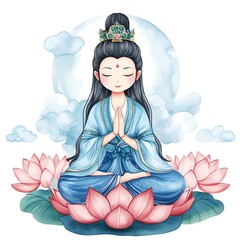 Wall Mural - Watercolor Illustration of a Woman Meditating on Lotus Flowers.