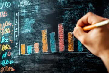 Poster - Hand drawing a colorful bar graph on a chalkboard with a hand holding a pen.