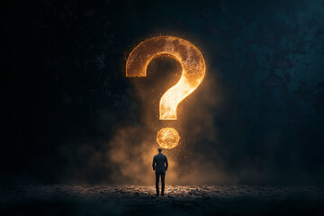 Fototapete - Man standing before a glowing question mark in a dimly lit, abstract background.