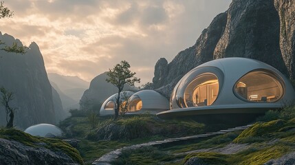 Poster - Futuristic Domes Nestled in a Mountainous Landscape at Sunset