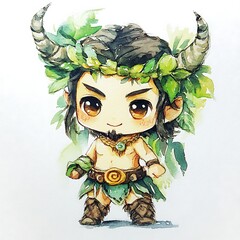 Poster - Watercolor Illustration of a Cute Chibi Character with Horns and a Green Leaf Crown.