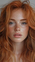 Wall Mural - Close-up Portrait of a Beautiful Woman with Red Hair and Freckles