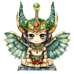 Sticker - Watercolor Illustration of a Cute Cartoon Egyptian God with Wings.