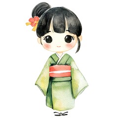 Poster - Watercolor Illustration of a Cute Girl in a Green Kimono.