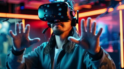 Poster - A user fully immersed in virtual reality interacts with the digital environment, showcasing cutting-edge technology at a gaming venue during the evening hours.
