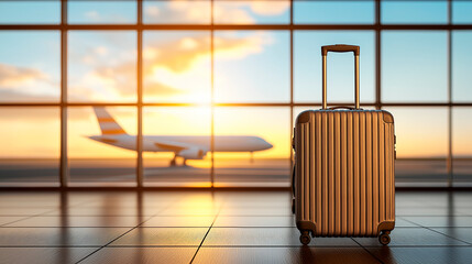 Poster - Closeup of a metallic suitcase against airport terminal window with airplane in background at sunset. Concept of travel and vacations. Ai generative.
