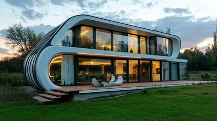 Poster - Modern, Curved House with Wooden Deck and Lawn