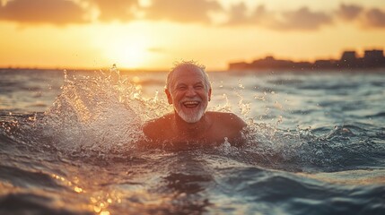 Wall Mural - Joyful elderly man swimming in the sea, splashing water during a beautiful sunset 