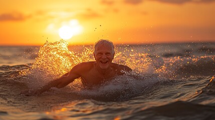 Canvas Print - Joyful elderly man swimming in the sea, splashing water during a beautiful sunset 