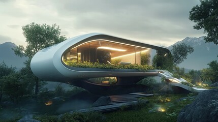 Poster - Futuristic Modern House with Lush Greenery and Mountain Views