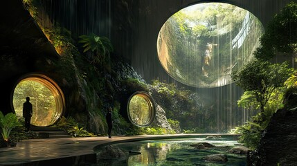 Canvas Print - A Man Stands Inside a Lush Cave with a Circular Window Viewing a Sunny Forest