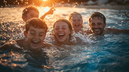 Poster - Happy family swimming in the sea with water splashing and laughing, family holiday in the water 