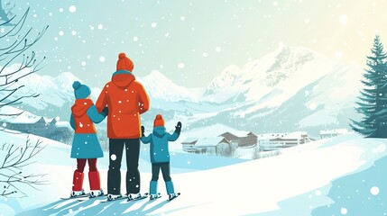 Poster - Happy family in winter clothing at the ski resort, winter time, watching at mountains 