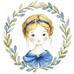 Wall Mural - Watercolor Illustration of a Cute Girl with a Wreath of Leaves.