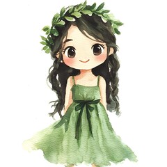 Sticker - Watercolor Illustration of a Cute Girl with a Green Dress and a Leaf Crown.