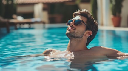 Wall Mural - Handsome young man relaxing by the luxury swimming pool 