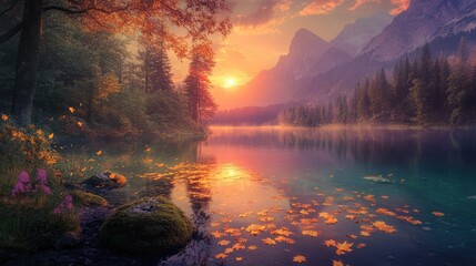 Wall Mural - sunset over the river