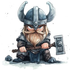 Wall Mural - Cartoon Viking Warrior with Hammer, Watercolor Illustration.