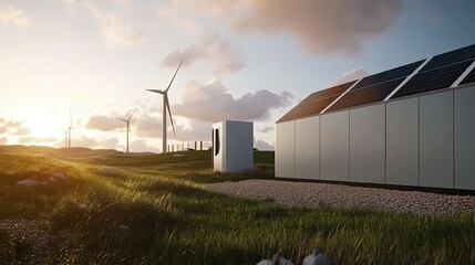 Wall Mural - Solar Panels and Wind Turbines in a Field at Sunset
