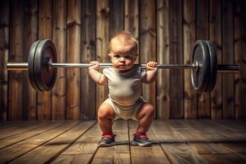 a european baby in a gym setting lifting a heavy barbell displaying impressive strength and determin