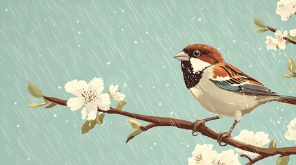 Naklejka na meble Sparrow Perched on Tree Branch During Heavy Spring Rainstorm