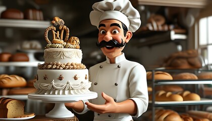 Wall Mural - Cheerful chef showcasing an intricately decorated cake creation in a vibrant bakery setting, beautifully rendered in 3D on a clean white canvas