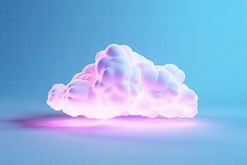 Futuristic glowing neon cloud illustration set against a serene blue background, symbolizing creativity and innovation. 