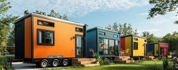 Wall Mural - a series of urban tiny house communities, each with a distinctive design using brightly colored fibe