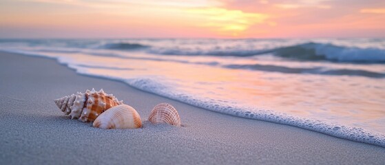 Peaceful Sunset on the Beach with Seashells