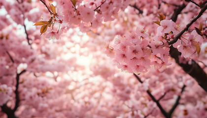 Blooming cherry blossoms form a poetic and picturesque scene, capture the vibrant pink flower sea from a low angle.