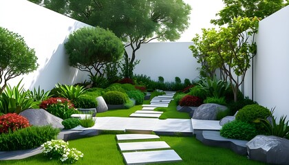 Wall Mural - Expert landscape gardener crafting vibrant outdoor gardens and green spaces in 3D against a pristine white backdrop