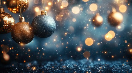 Poster - Christmas ornaments hanging on a sparkling background with lights out of focus