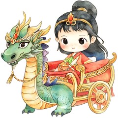 Wall Mural - Cute Cartoon Illustration of a Princess Riding a Dragon-Drawn Chariot.