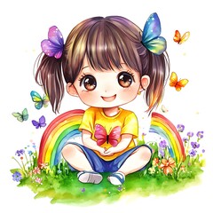 Canvas Print - Cute Cartoon Girl Sitting in a Field with a Rainbow and Butterflies.