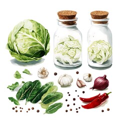 Poster - Watercolor Illustration of Cabbage, Garlic, Peppercorns, Chili Peppers and Onion.