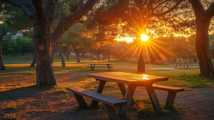 Wall Mural - Sunbeams Through Trees Illuminating a Picnic Table in a Forest Clearing