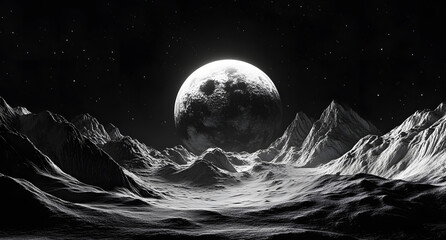 Wall Mural - white planet against the background of black mountains. black and white space abstract. three-dimens