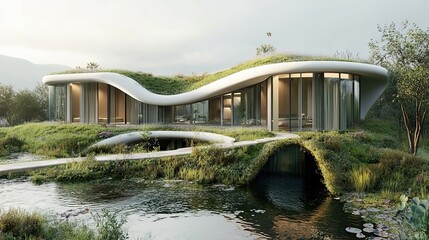 Poster - Modern Curving House with Green Roof and Pond