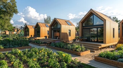 Wall Mural - a series of wooden tiny homes clustered around a communal garden, each uniquely designed but harmoni