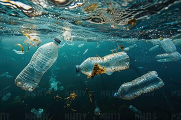 Wall Mural - A bottle of water is floating in the ocean with other bottles and trash