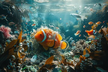 A fish is swimming in a coral reef with many other fish