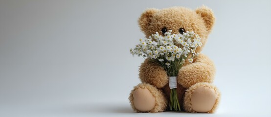 Wall Mural - a teddy bear holding a bouquet of flowers. 