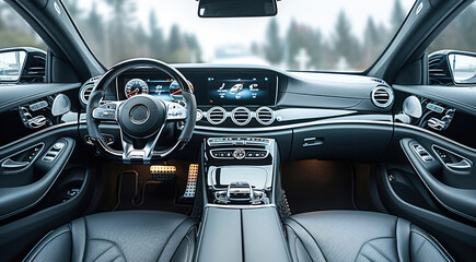 Poster - Interior of a dark gray executive car, white background. Generative AI.
