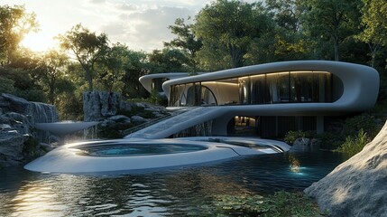 Wall Mural - Modern Architectural House with Waterfall and Pool